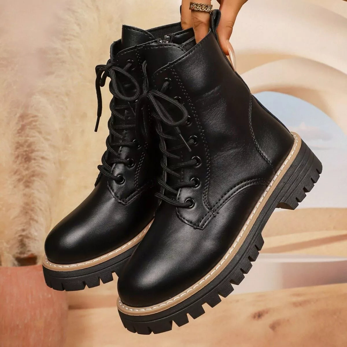 Lace-Up Platform Boots with Mid Heel in Vegan Leather Secondary image