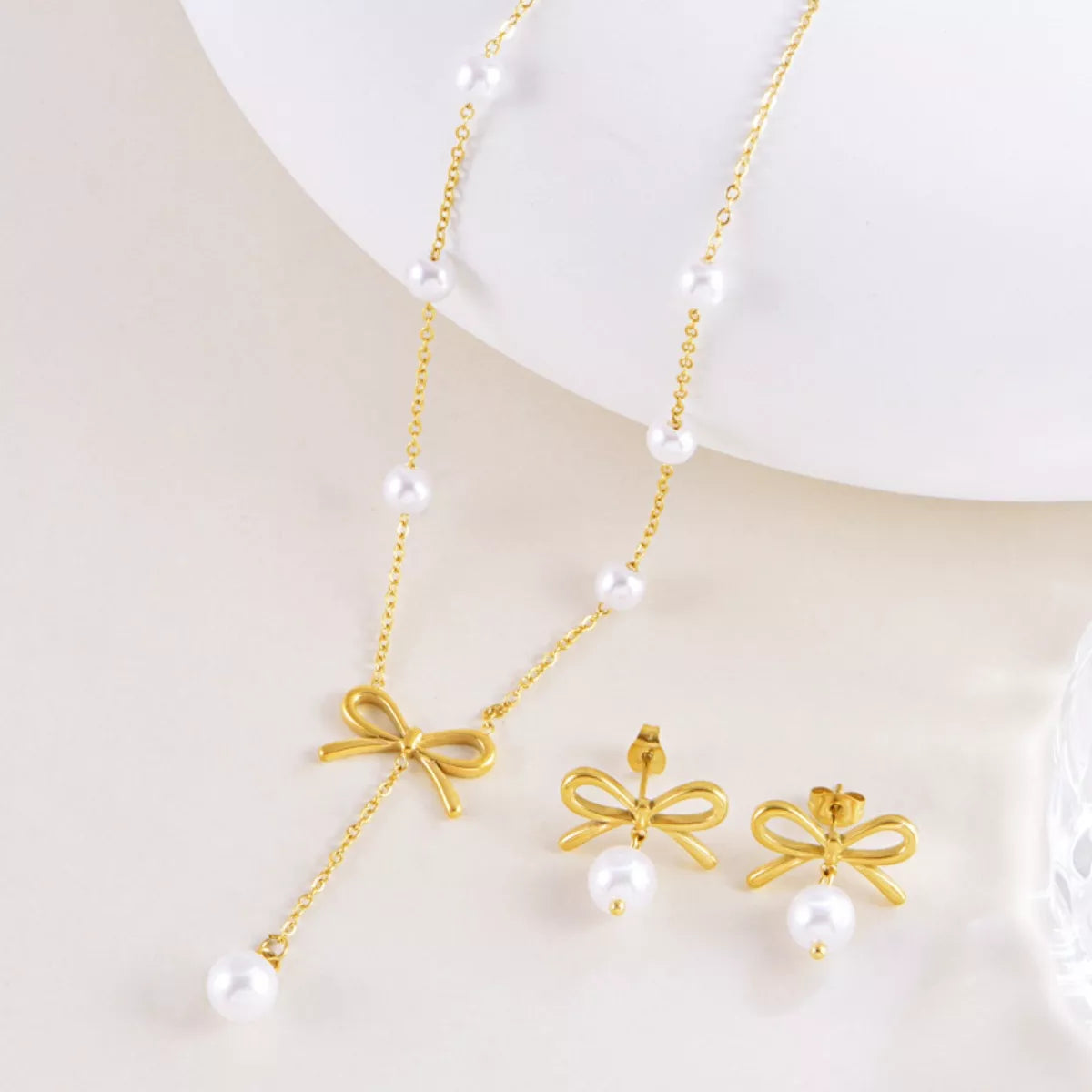 Gold Plated Bowknot Pearl Jewelry Set Secondary image