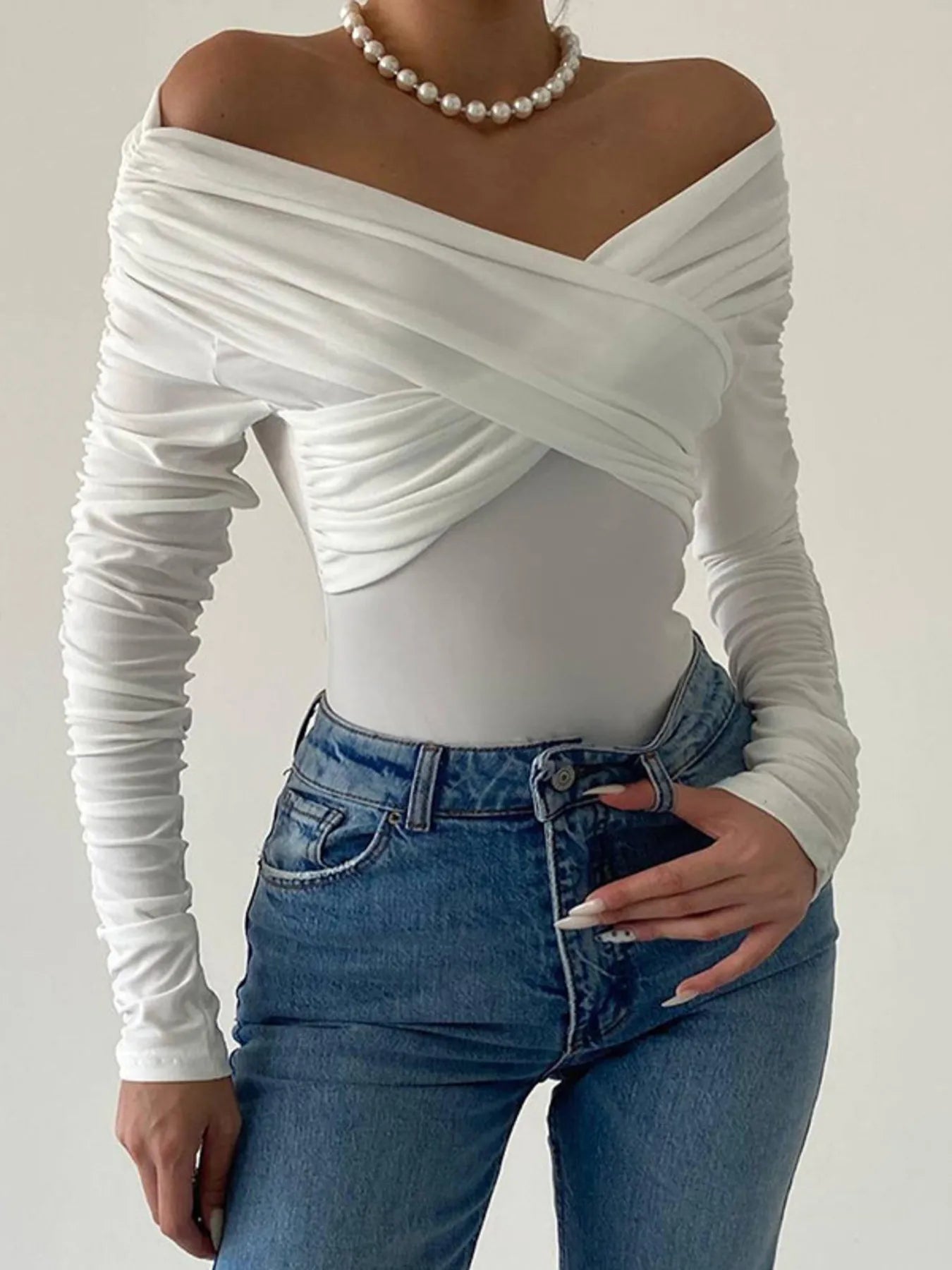 Off-Shoulder Long Sleeve Bodysuit with Ruched Detail Secondary image