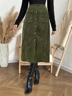 Elastic Waist Skirt with Pockets and Button Detail