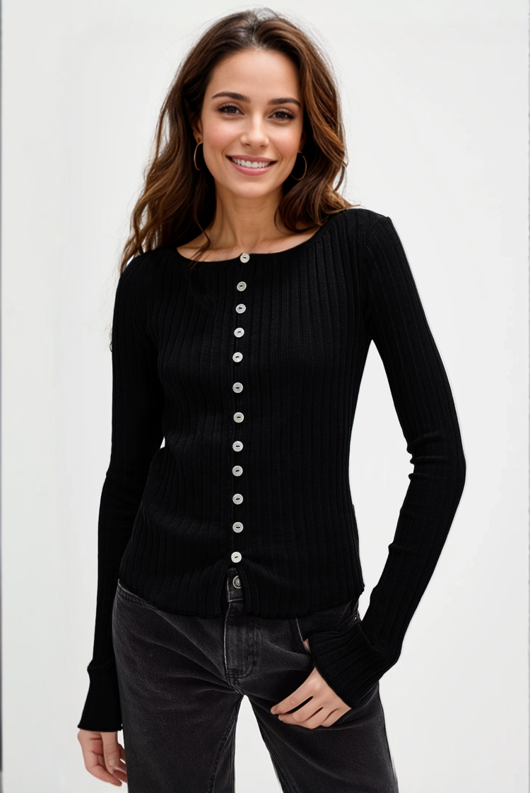 Texture Button Up Round Neck Long Sleeve Top Secondary image