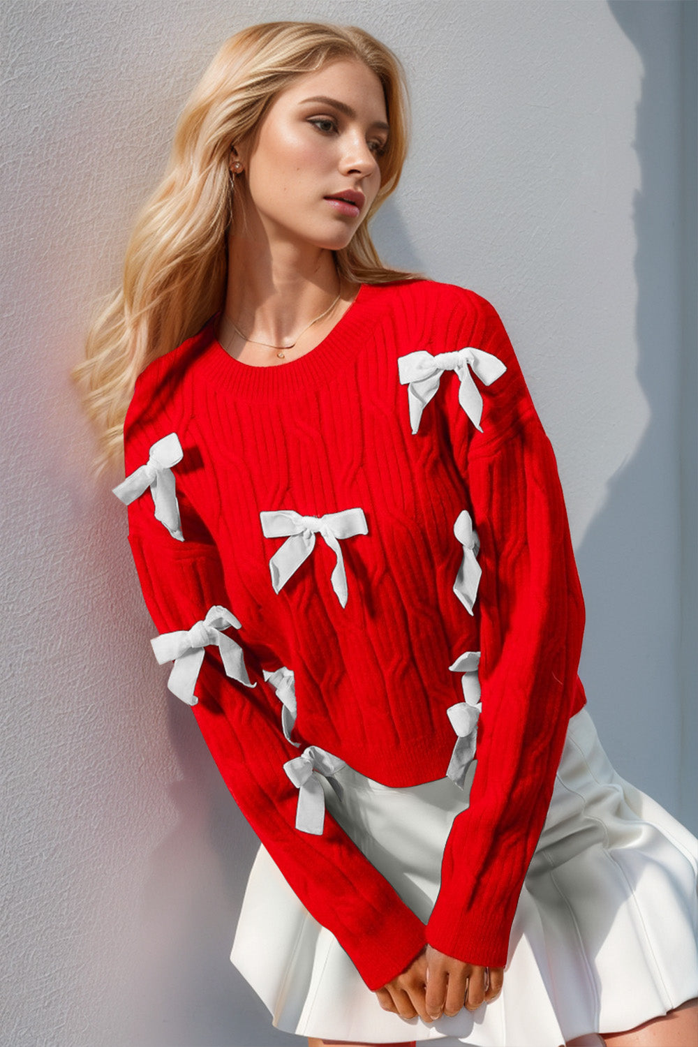 Bow Cable-Knit Round Neck Sweater Main image