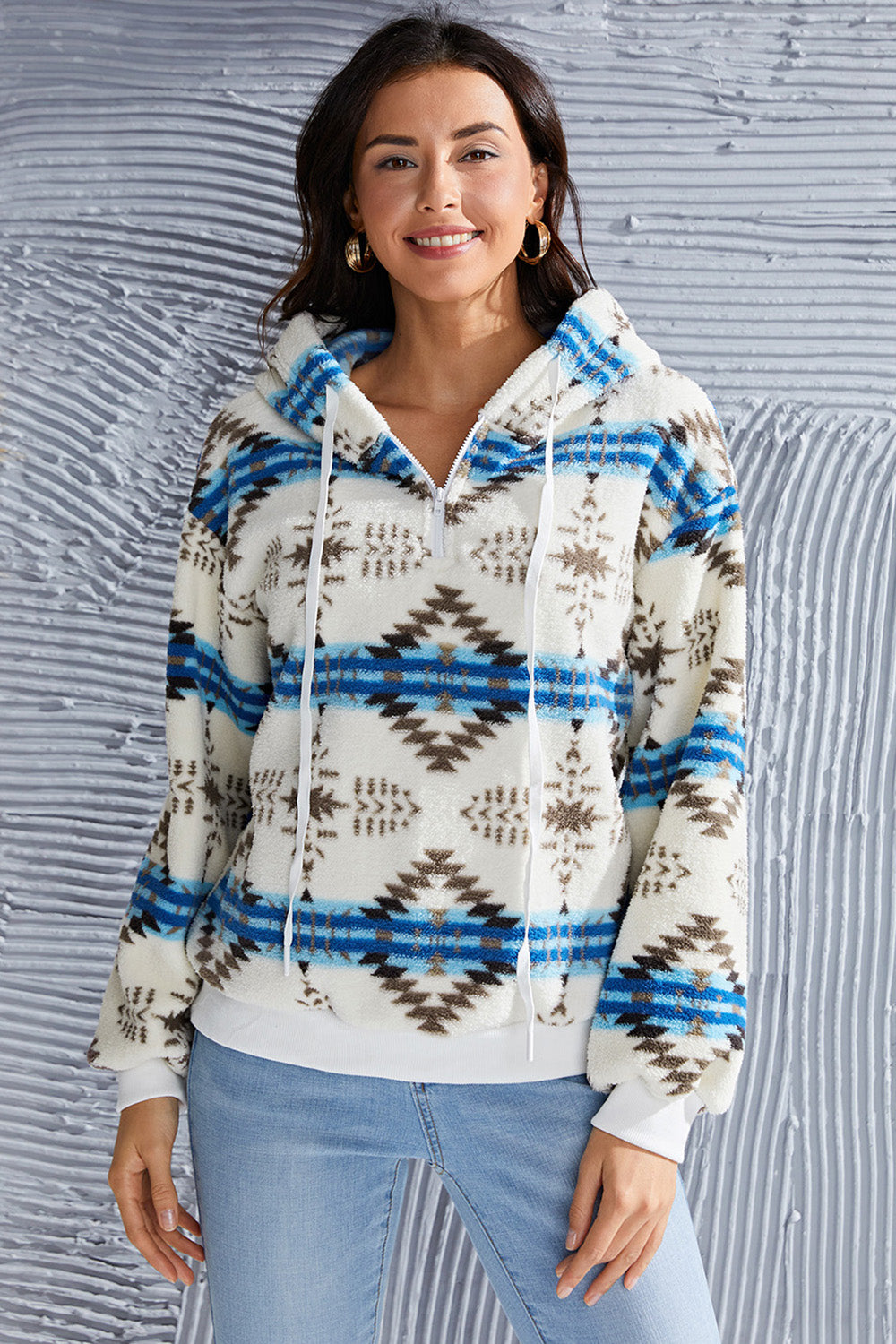 Geometric Half Zip Drawstring Long Sleeve Hoodie Main image