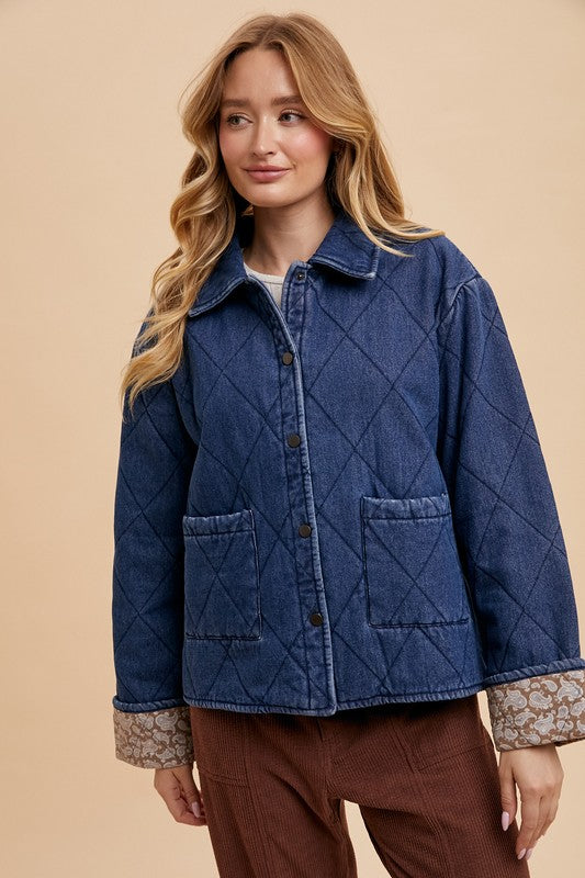 Quilted Printed Lining Snap Down Denim Jacket Main image