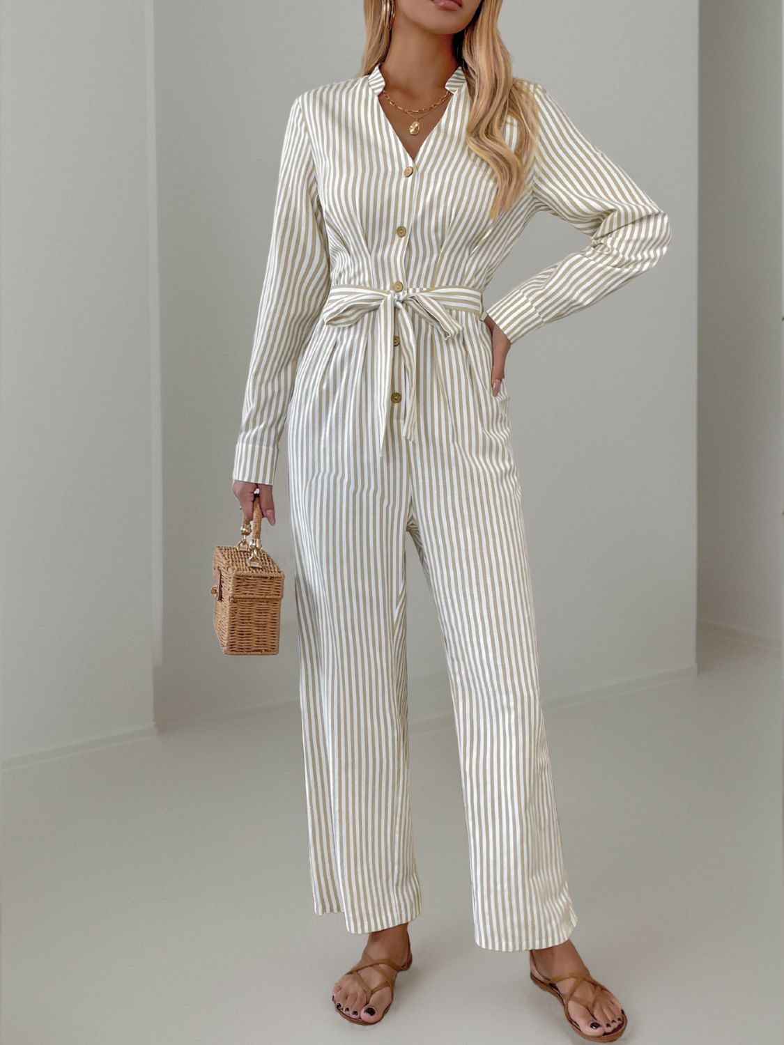 Striped Notched Long Sleeve Tie Waist Jumpsuit Main image