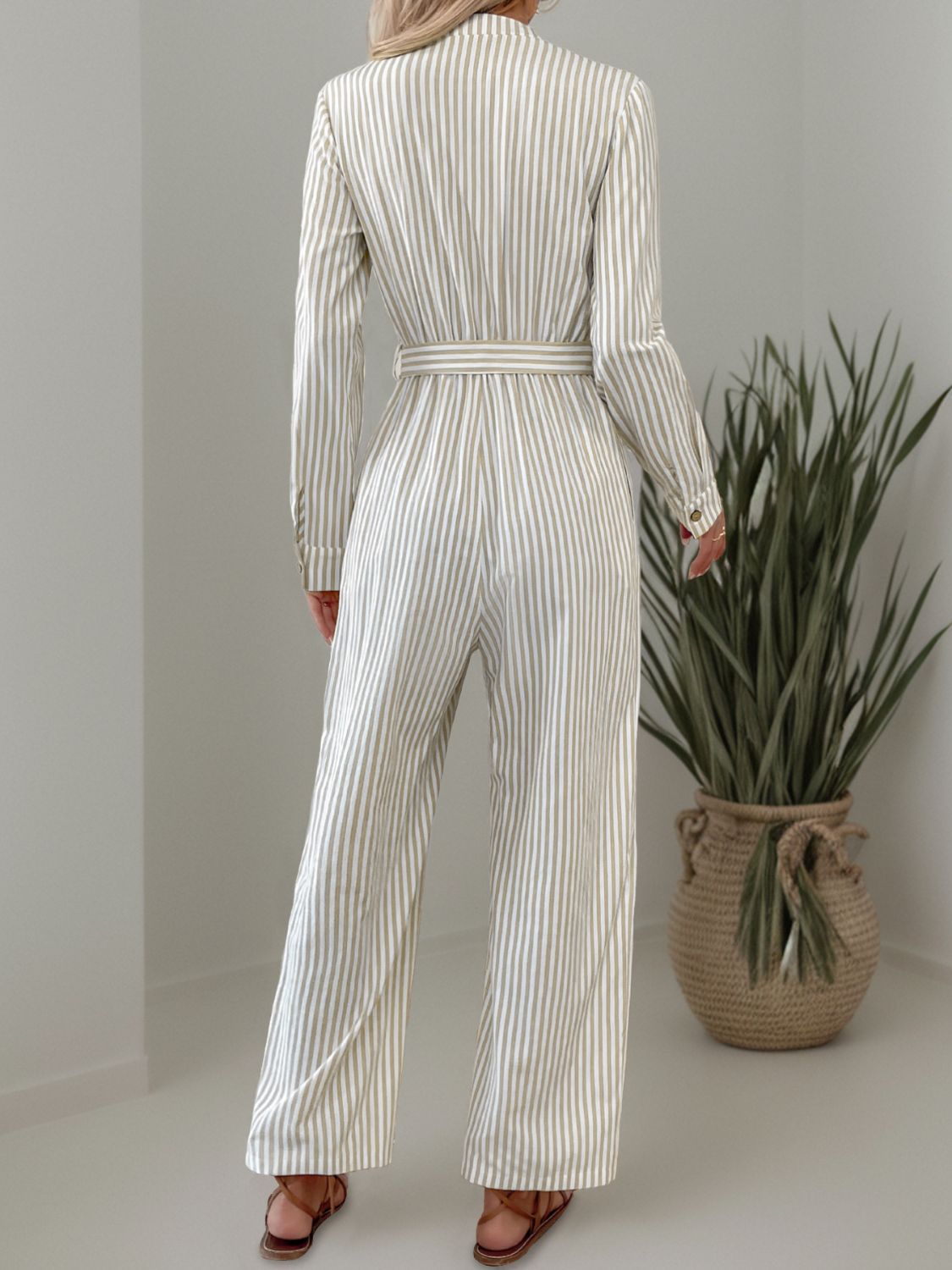 Striped Notched Long Sleeve Tie Waist Jumpsuit Secondary image