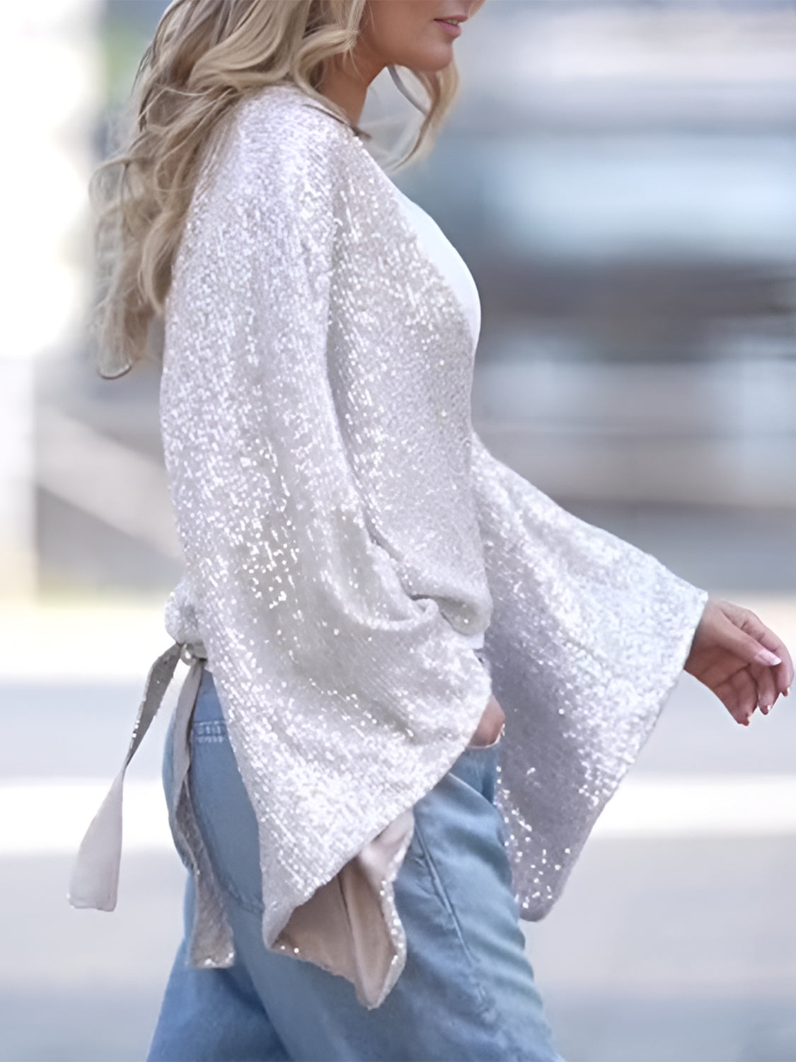 Tied Sequin Surplice Flare Sleeve Blouse Secondary image