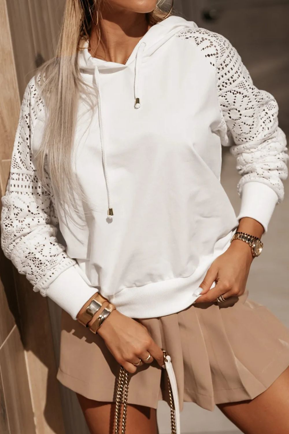 Drawstring Openwork Long Sleeve Hoodie Main image