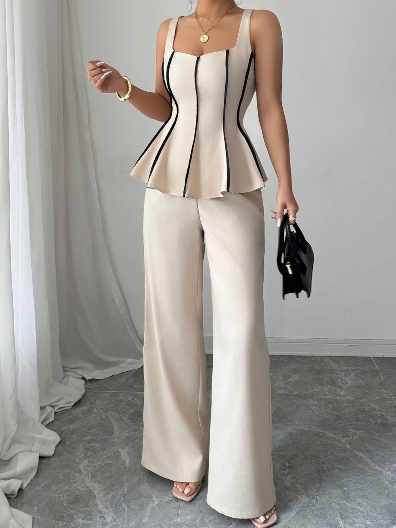 Contrast Piping Peplum Top and Wide Leg Pants Set Secondary image