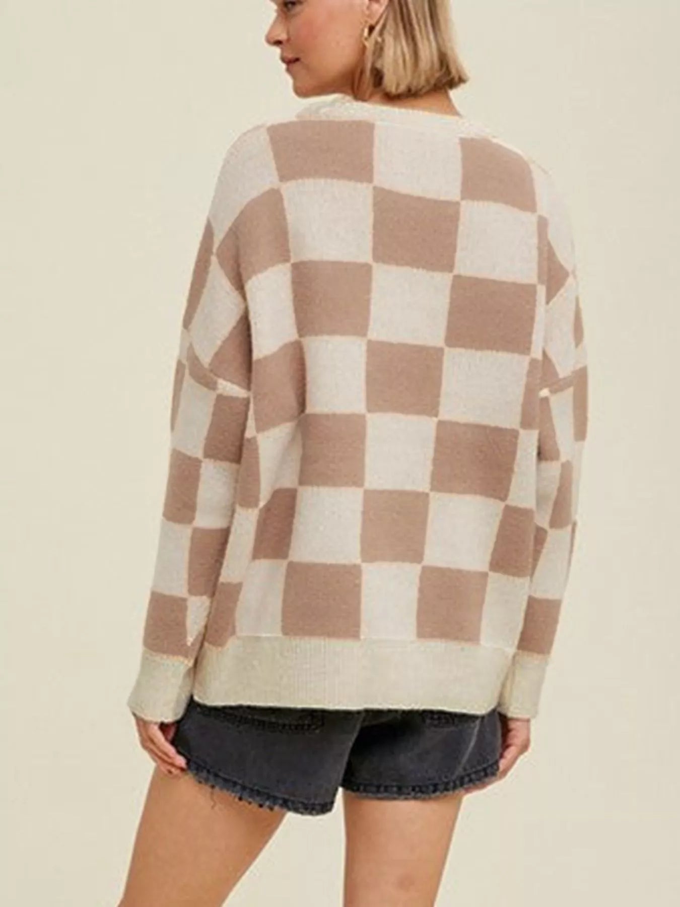 Checkered Pattern Ribbed Trim Knit Baggy Sweater Secondary image