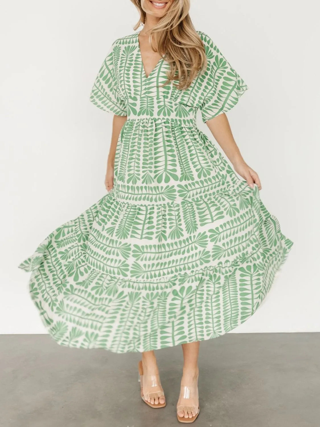 Ruched Printed V-Neck Half Sleeve Midi Dress Secondary image