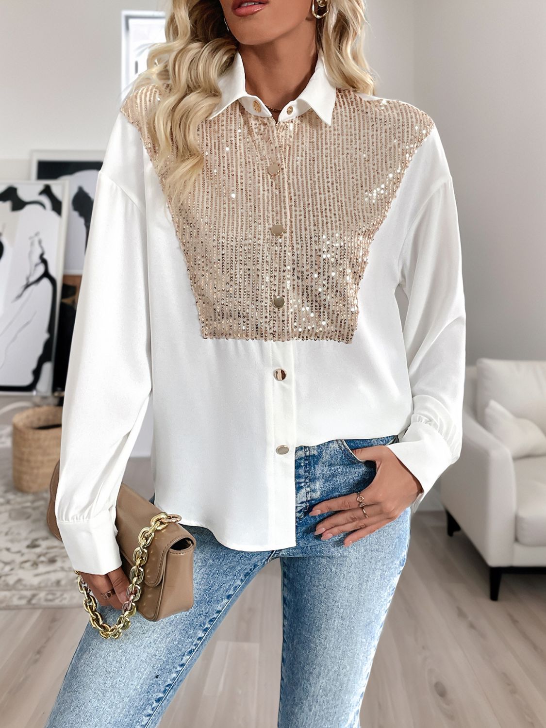 Sequin Contrast Collared Neck Long Sleeve Shirt Main image