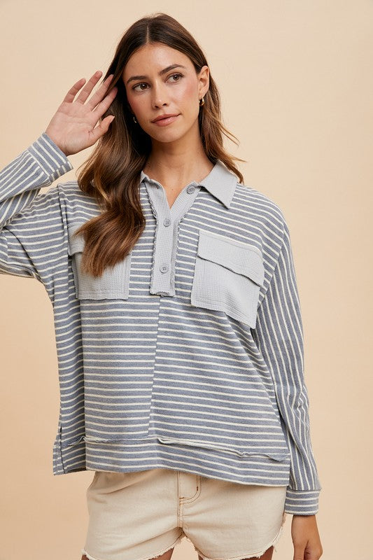 Striped Button Detail Long Sleeve Polo Top