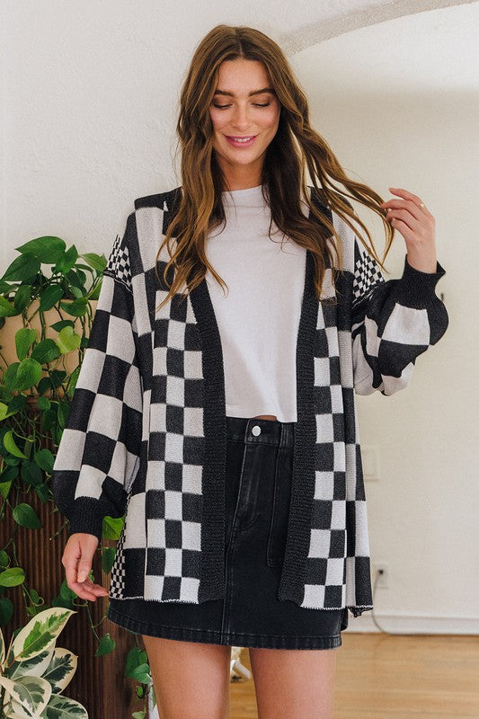 Checkered Open Front Drop Shoulder Cardigan Main image