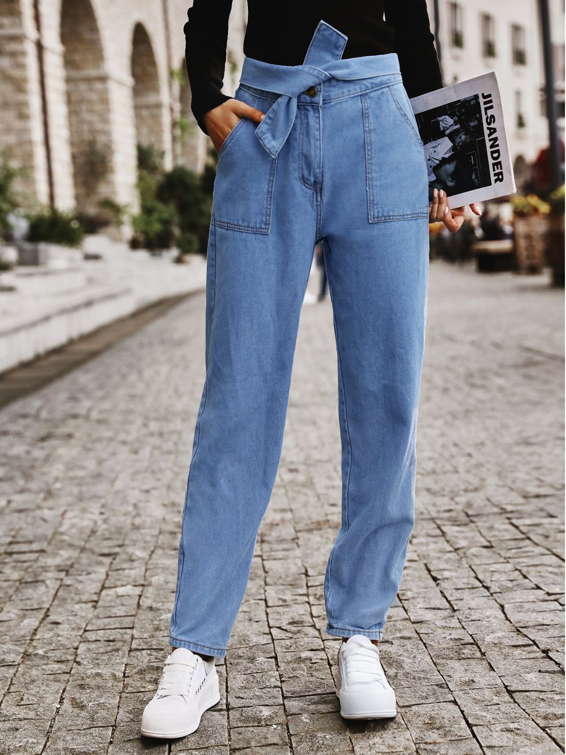Tied Straight Jeans with Pockets Main image