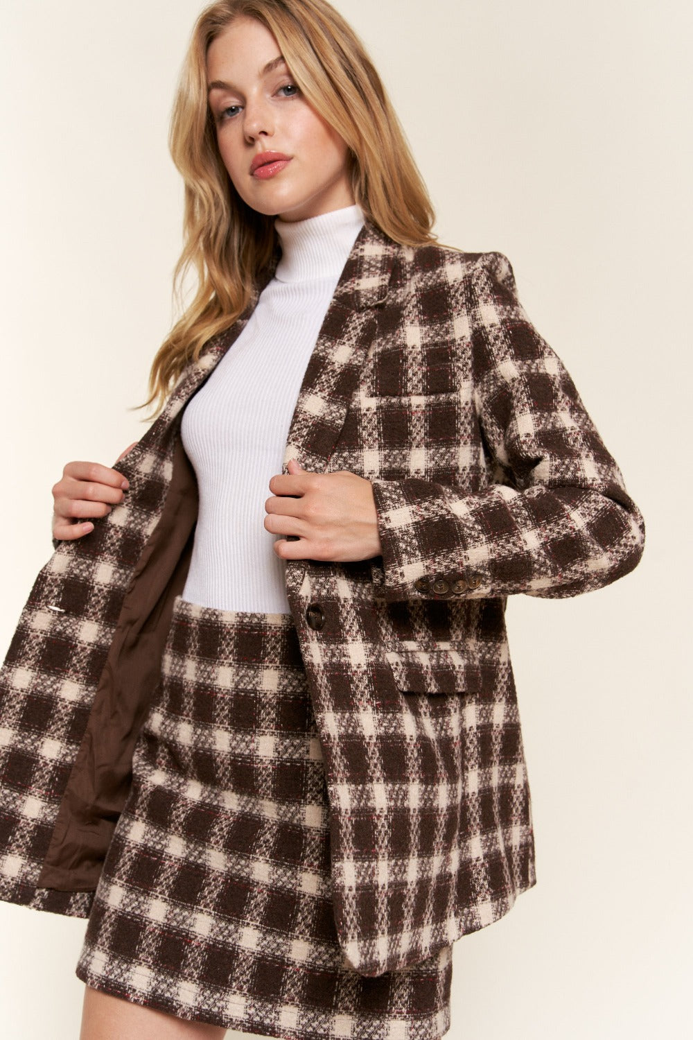 Plaid Brushed One Button Blazer Main image