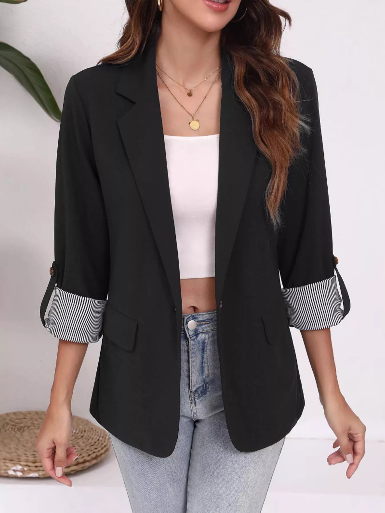 Lapel Collar Roll-Up Sleeve Blazer Secondary image