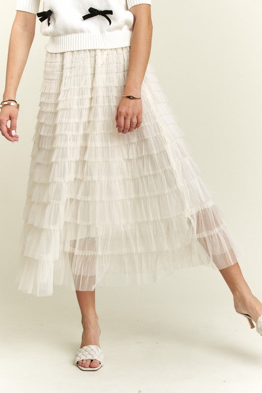 Elastic Waist Layered Mesh Midi Skirt Main image