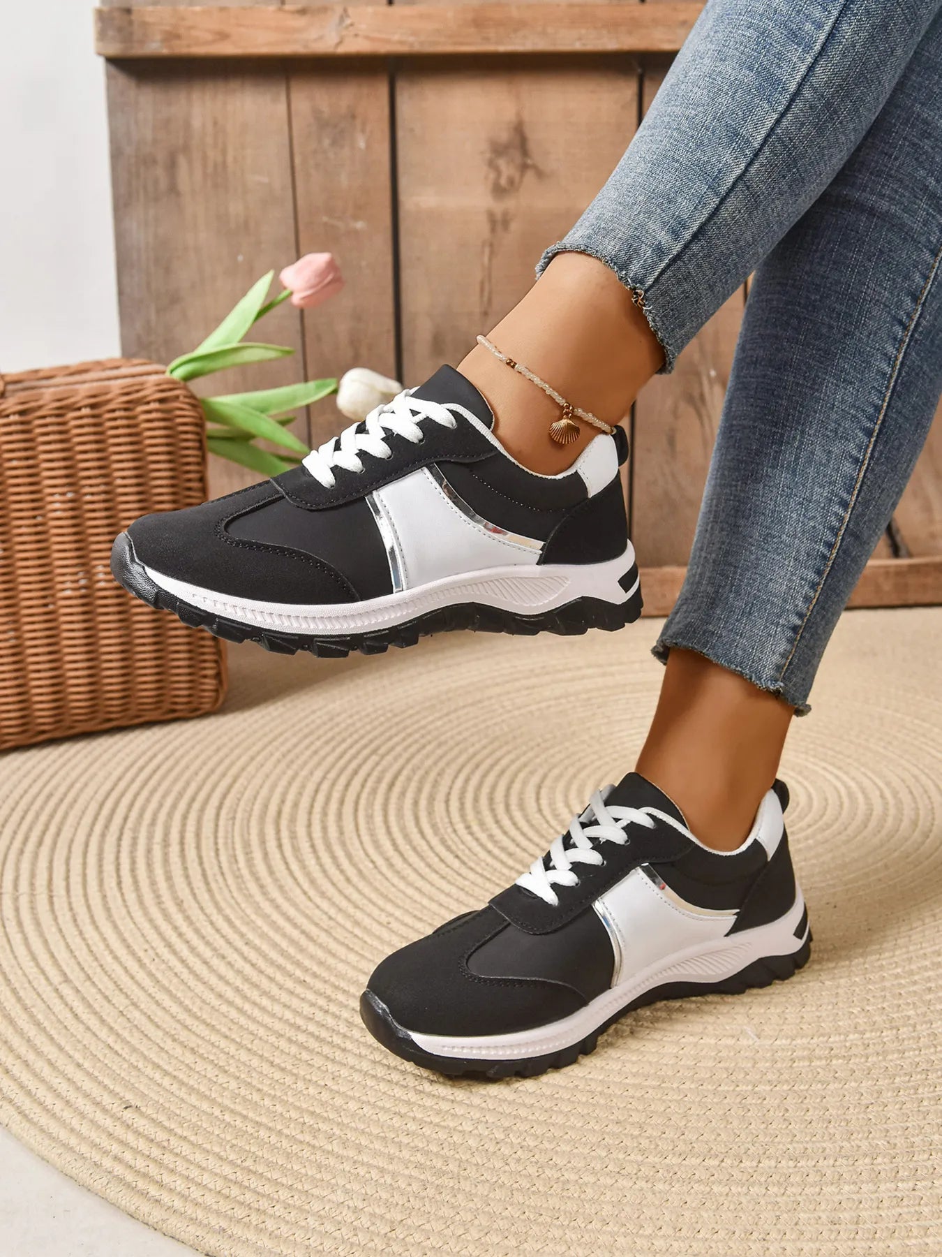 Contrast Detail Lace-Up Sneakers - Vegan Leather Flat Shoes Secondary image