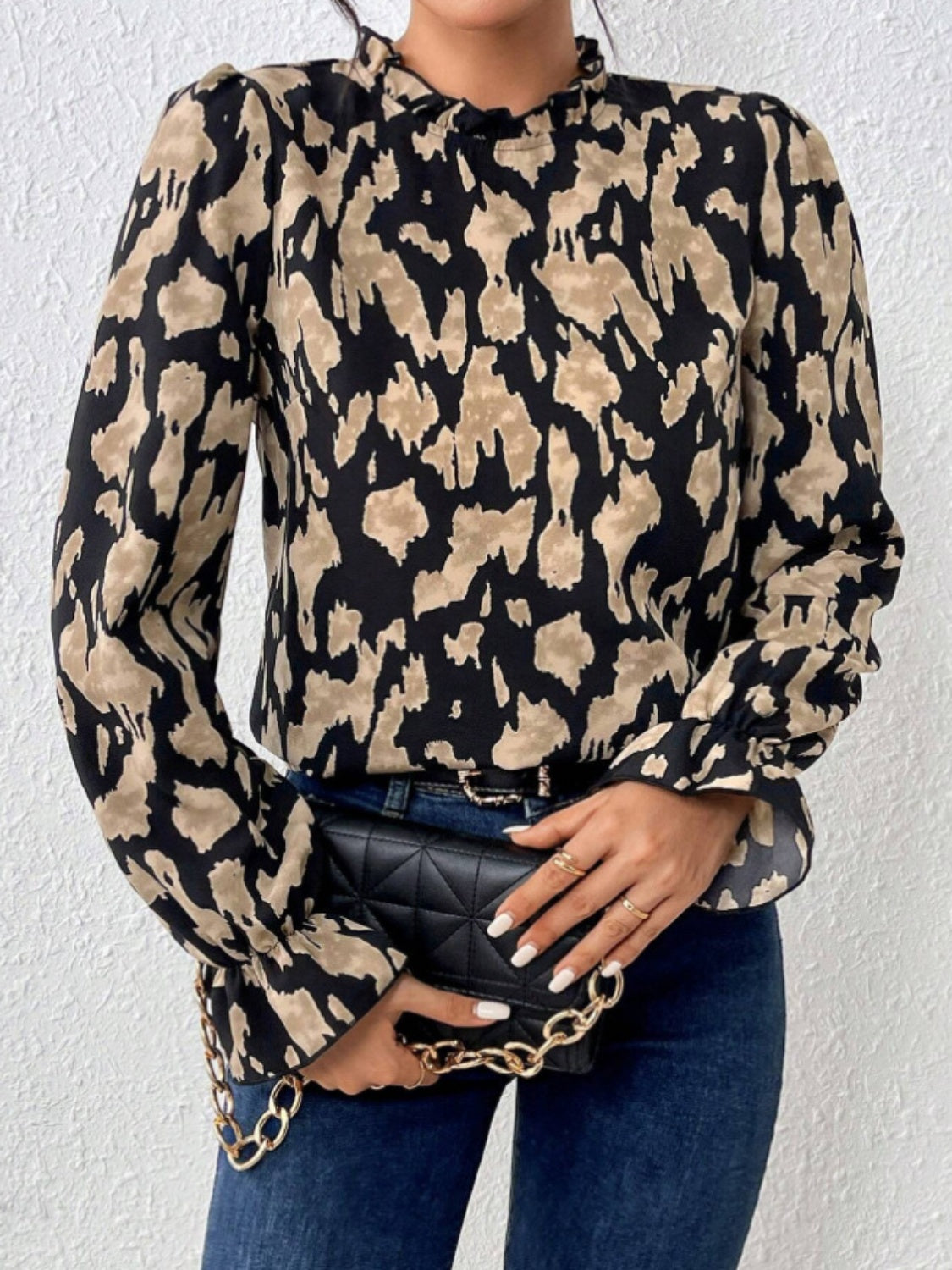 Frill Leopard Mock Neck Flounce Sleeve Blouse Secondary image