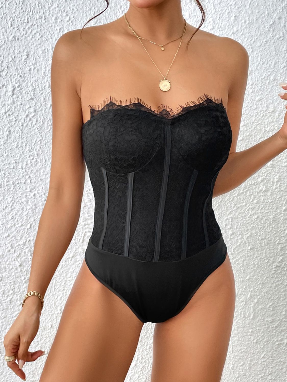 Strapless Sweetheart Neck Bodysuit - Raw Hem Crop Top