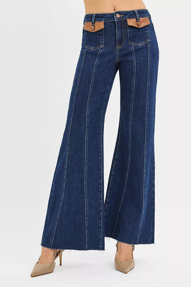 High Rise Wide Flare Jeans with Leather Pocket Detail Secondary image
