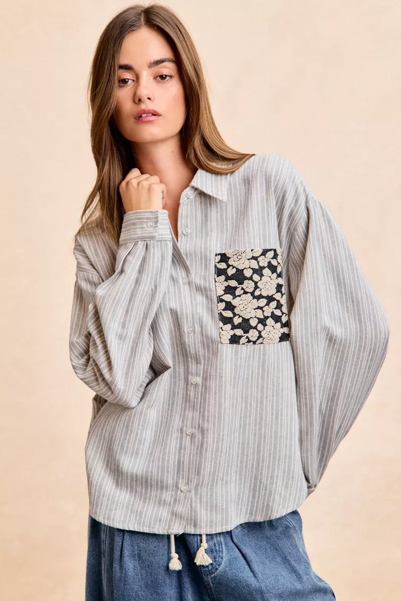 Flower Jacquard Knit Patch Pocket Stripe Shirt Secondary image