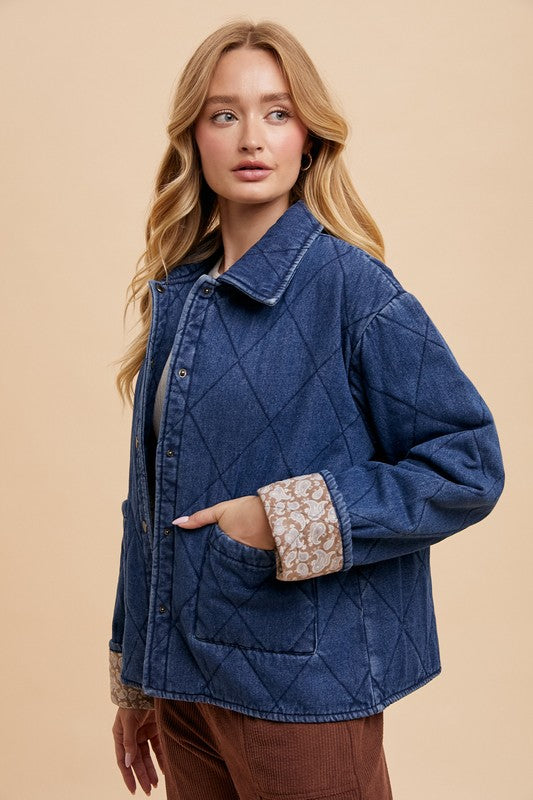 Quilted Printed Lining Snap Down Denim Jacket Secondary image