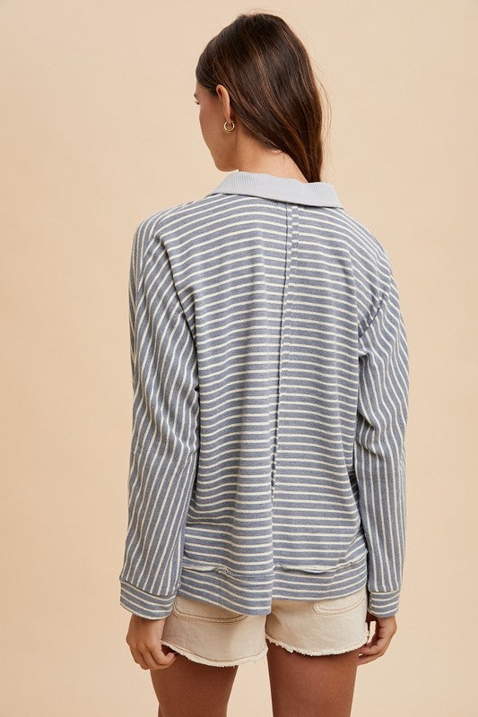 Striped Button Detail Long Sleeve Polo Top