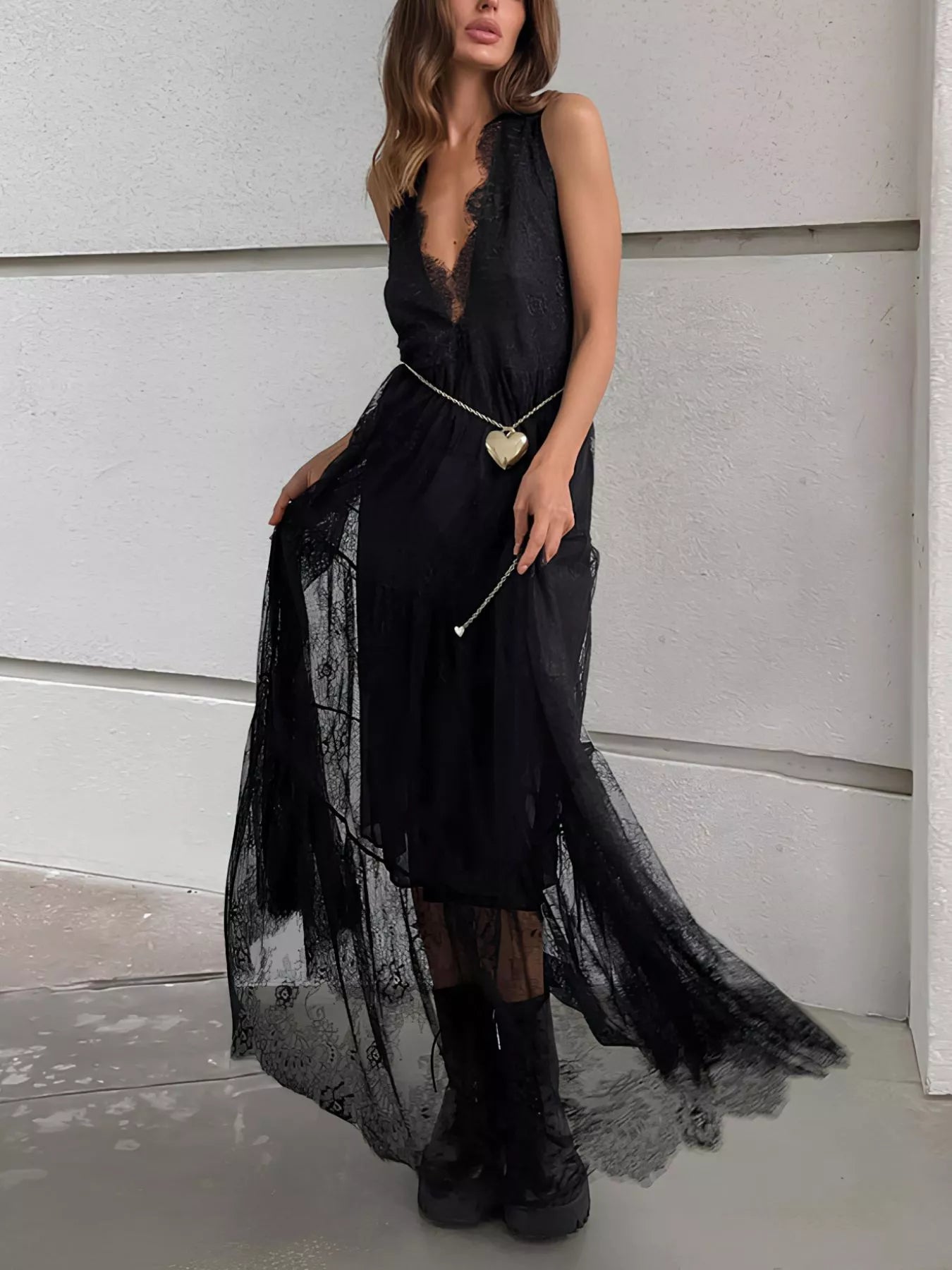 Lace Deep V-Neck Maxi Dress Secondary image