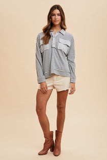 Striped Button Detail Long Sleeve Polo Top