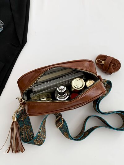Tassel Vegan Leather Printed Strap Cassette Crossbody Bag Secondary image