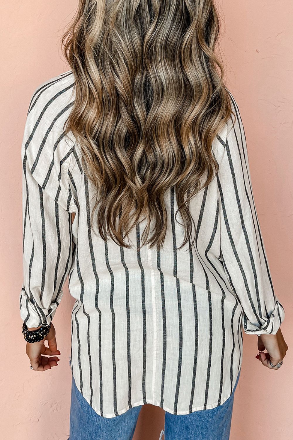 Pocketed Striped Collared Neck Long Sleeve Shirt Secondary image