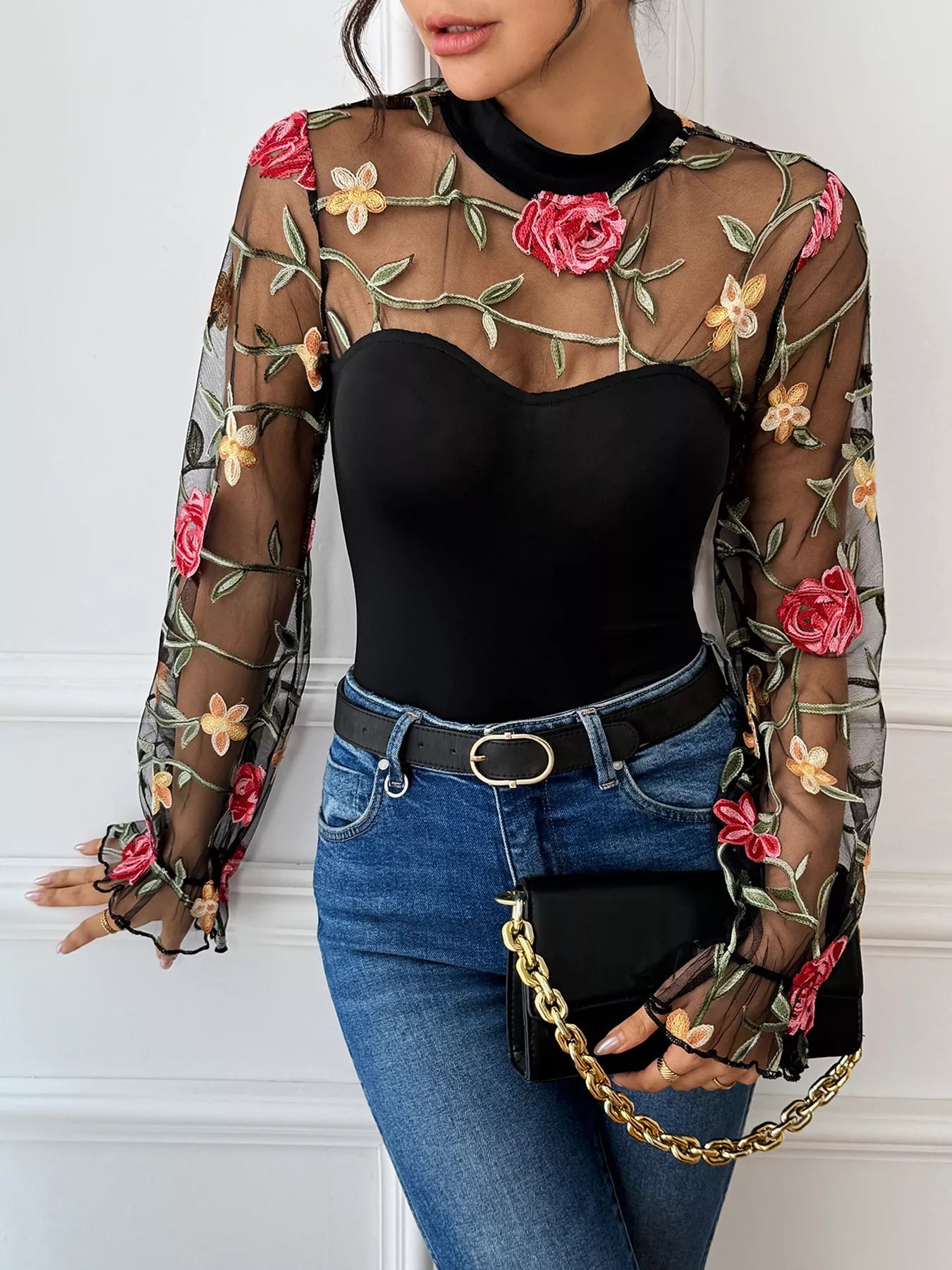 Floral Embroidered Mesh Long Sleeve Bodysuit Secondary image
