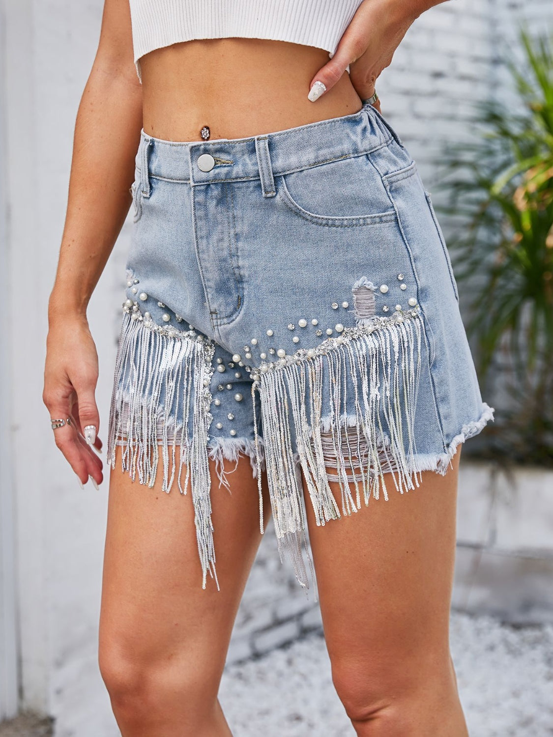 Distressed Pearl Trim Denim Shorts with Pockets Secondary image