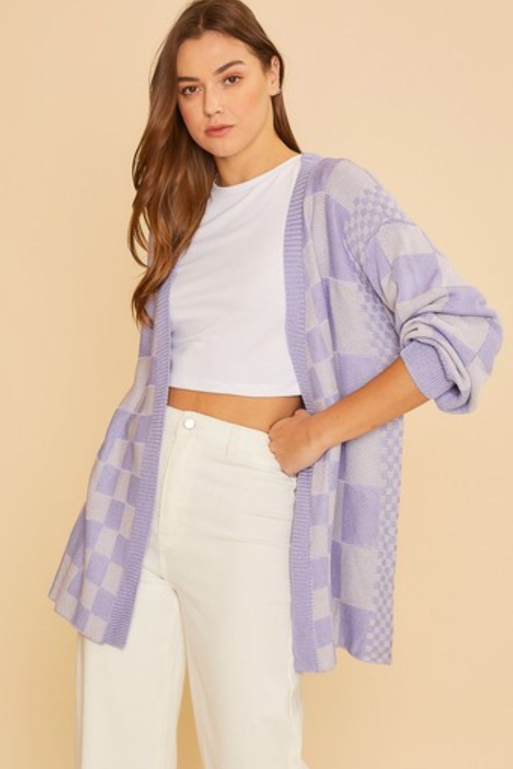 Checkered Open Front Drop Shoulder Cardigan Main image