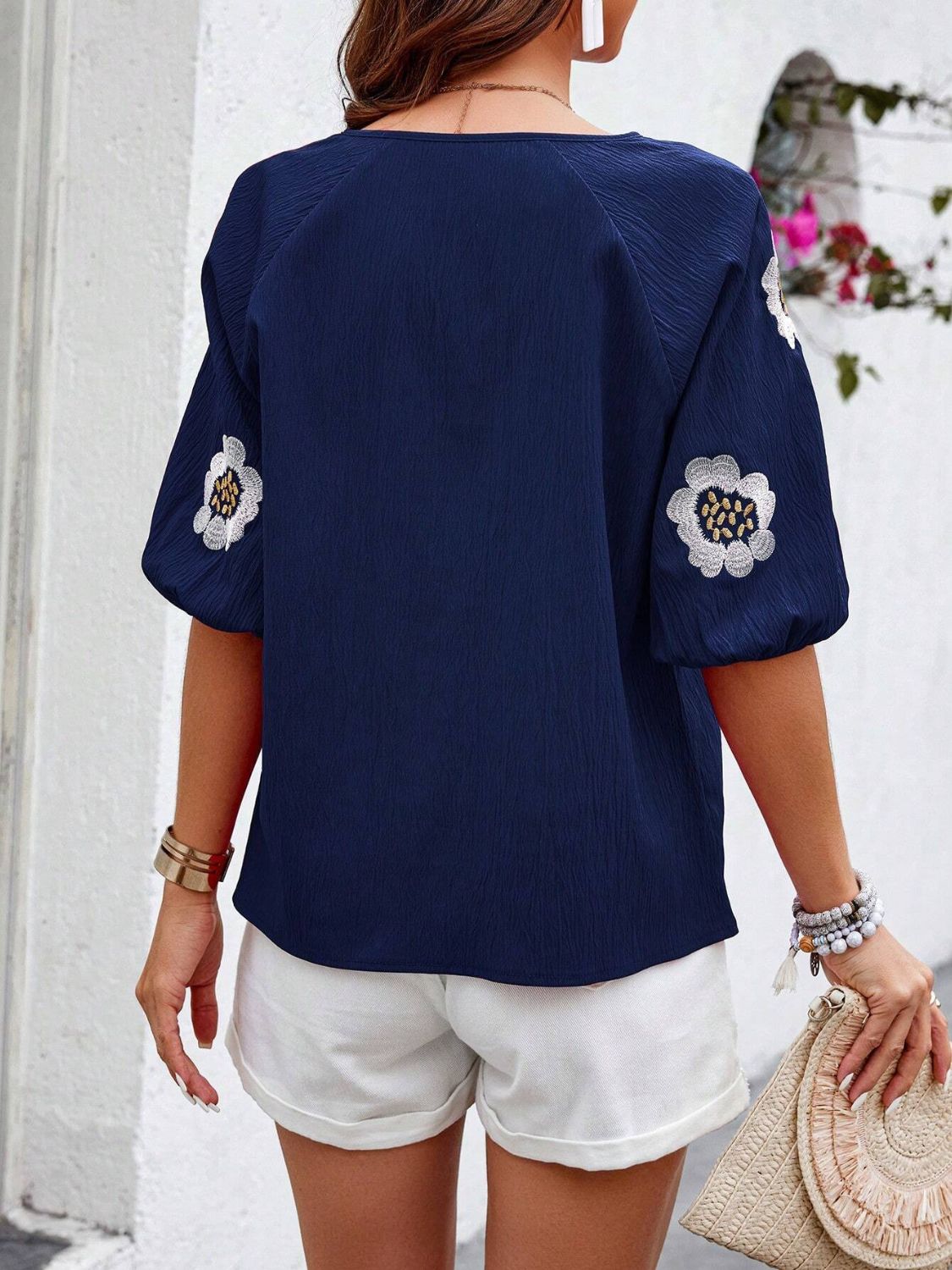 Embroidered Tie Neck Puff Sleeve Blouse Secondary image