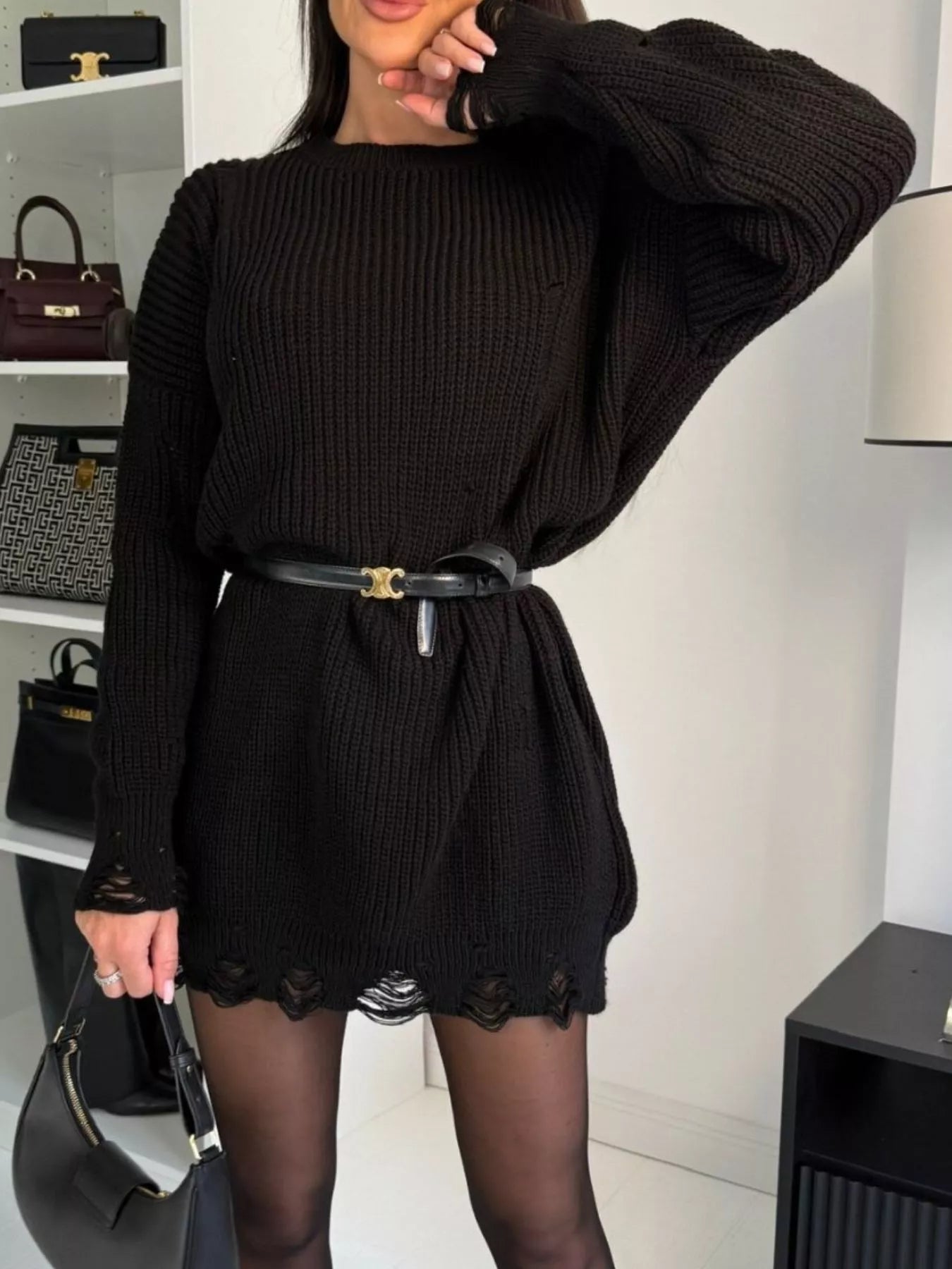 Distressed Round Neck Drop Shoulder Sweater Dress Secondary image