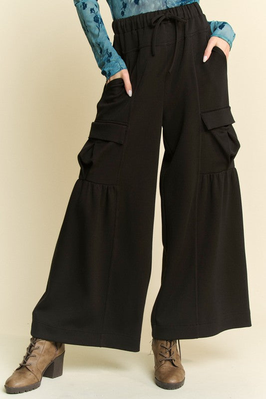 Drawstring Ruched Detail Wide Leg Pants