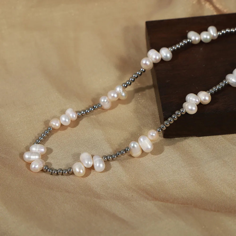 Freshwater Pearl Titanium Steel Bead Necklace Secondary image