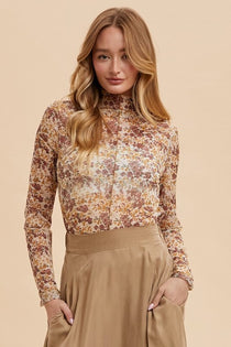 Floral Lettuce Hem Sheer Mesh Top