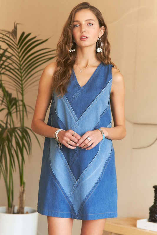 Chevron Color Block V-Neck Denim Dress Secondary image
