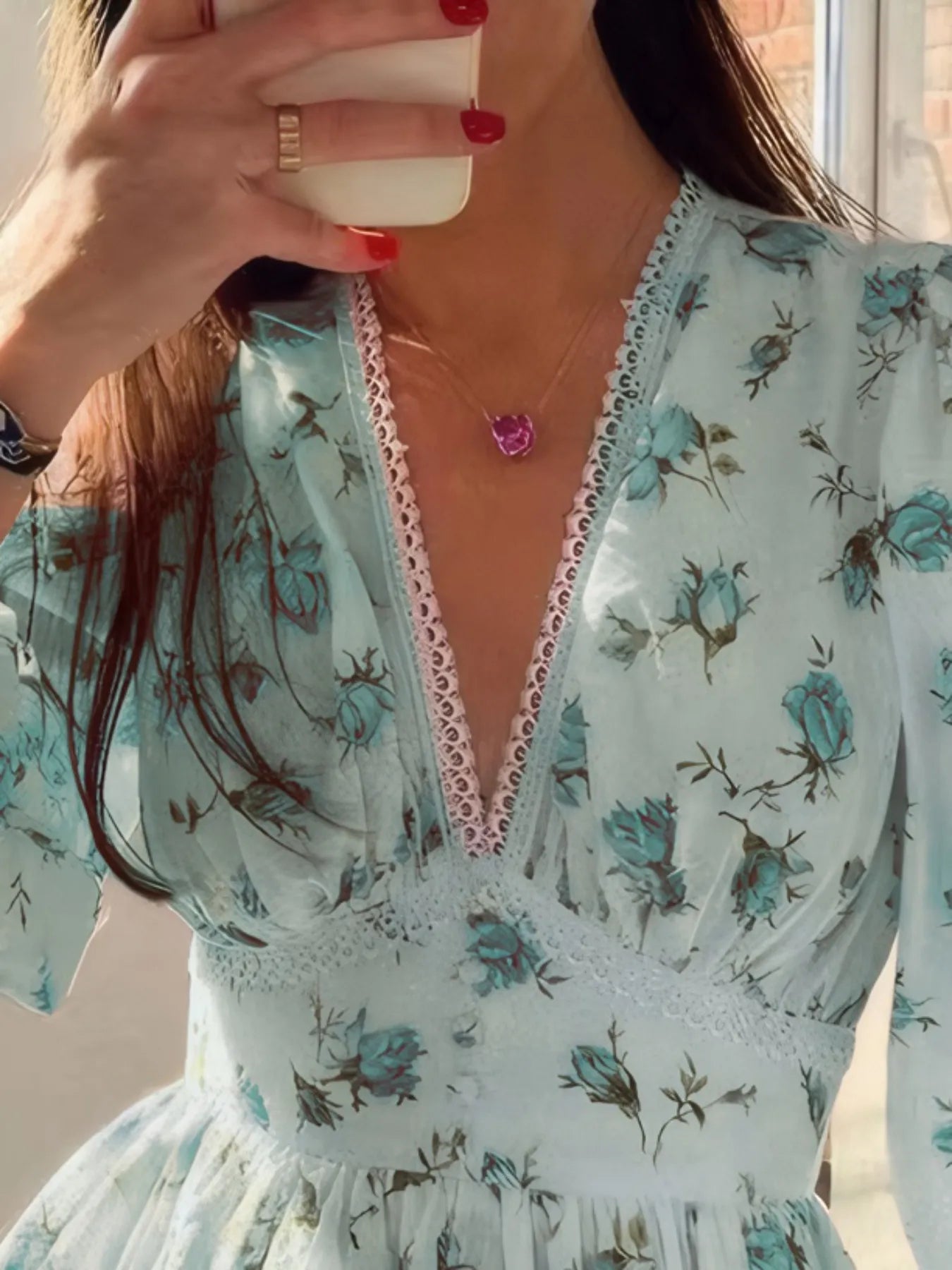 Floral Print Lace Detail V-Neck Mini Dress Secondary image