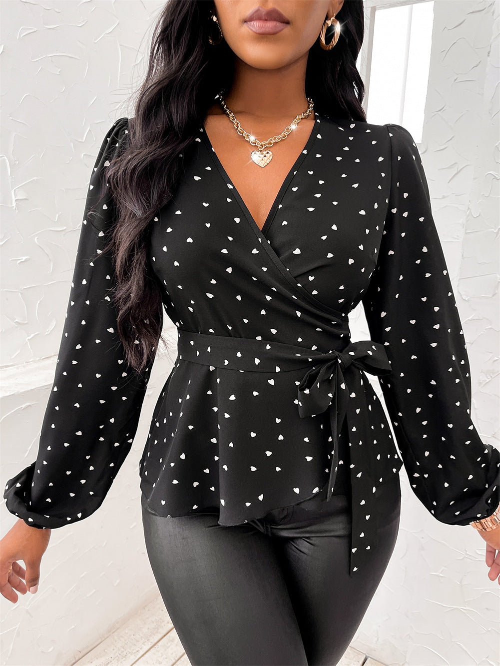 Heart Print Blouse with Surplice Neck & Balloon Sleeves Secondary image