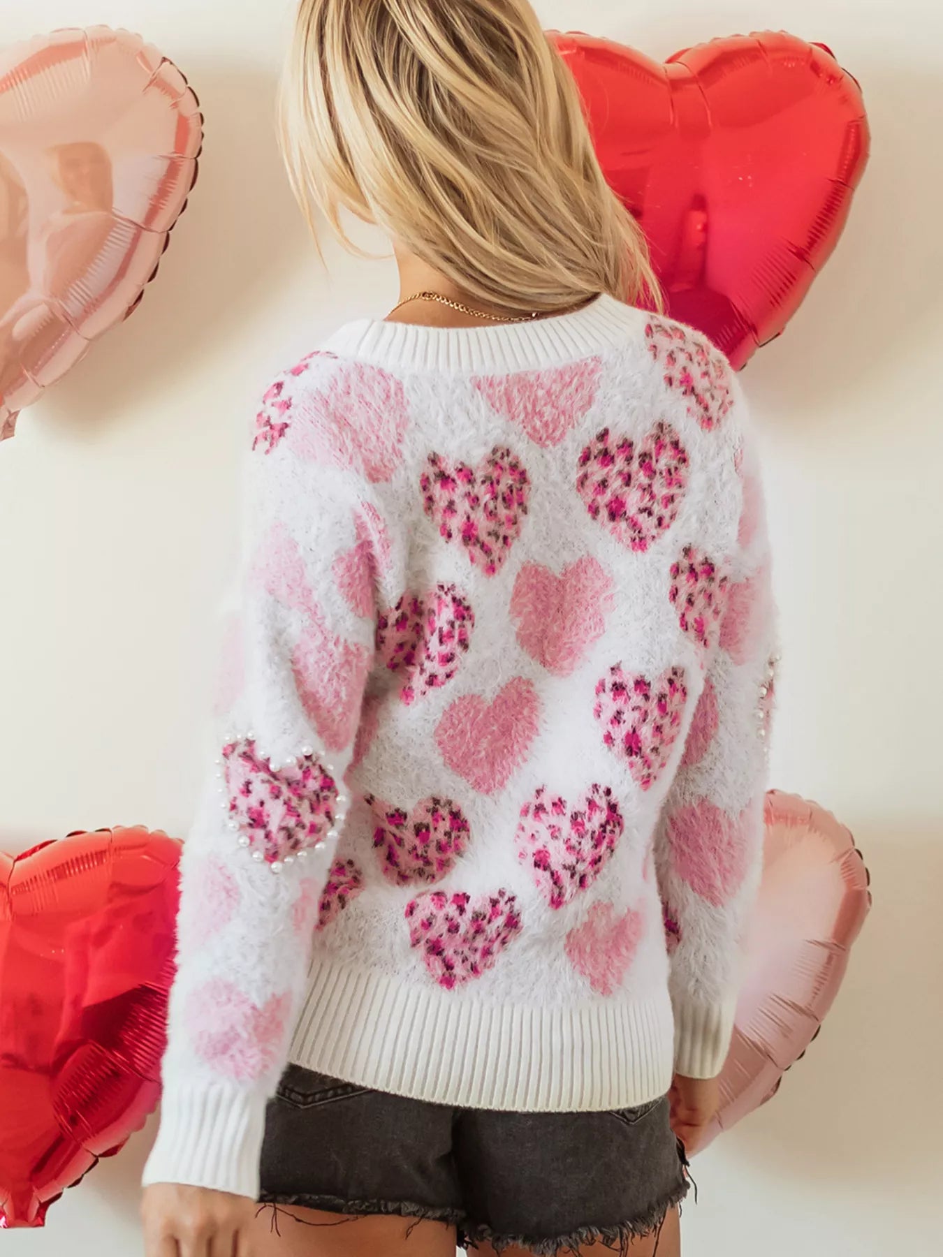 Heart Leopard Pearled Ribbed Trim Fuzzy Sweater Secondary image
