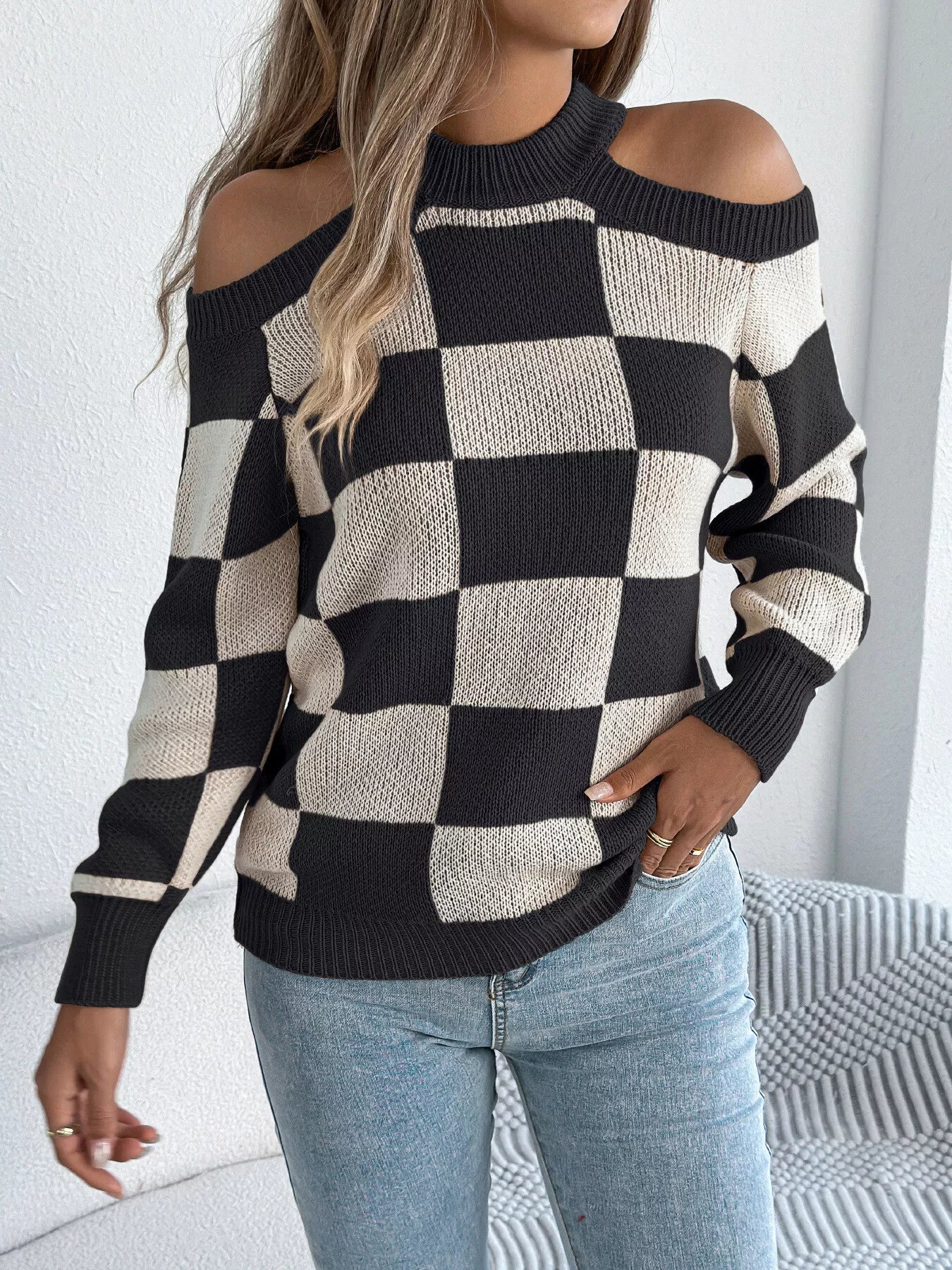 Checkered Cold Shoulder Sweater - Long Sleeve Knit Top Secondary image
