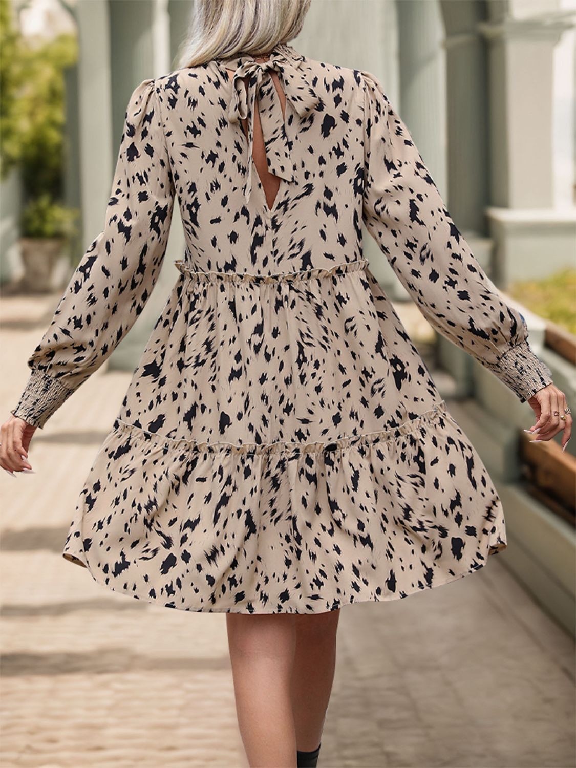 Frill Printed Mock Neck Long Sleeve Mini Dress Secondary image
