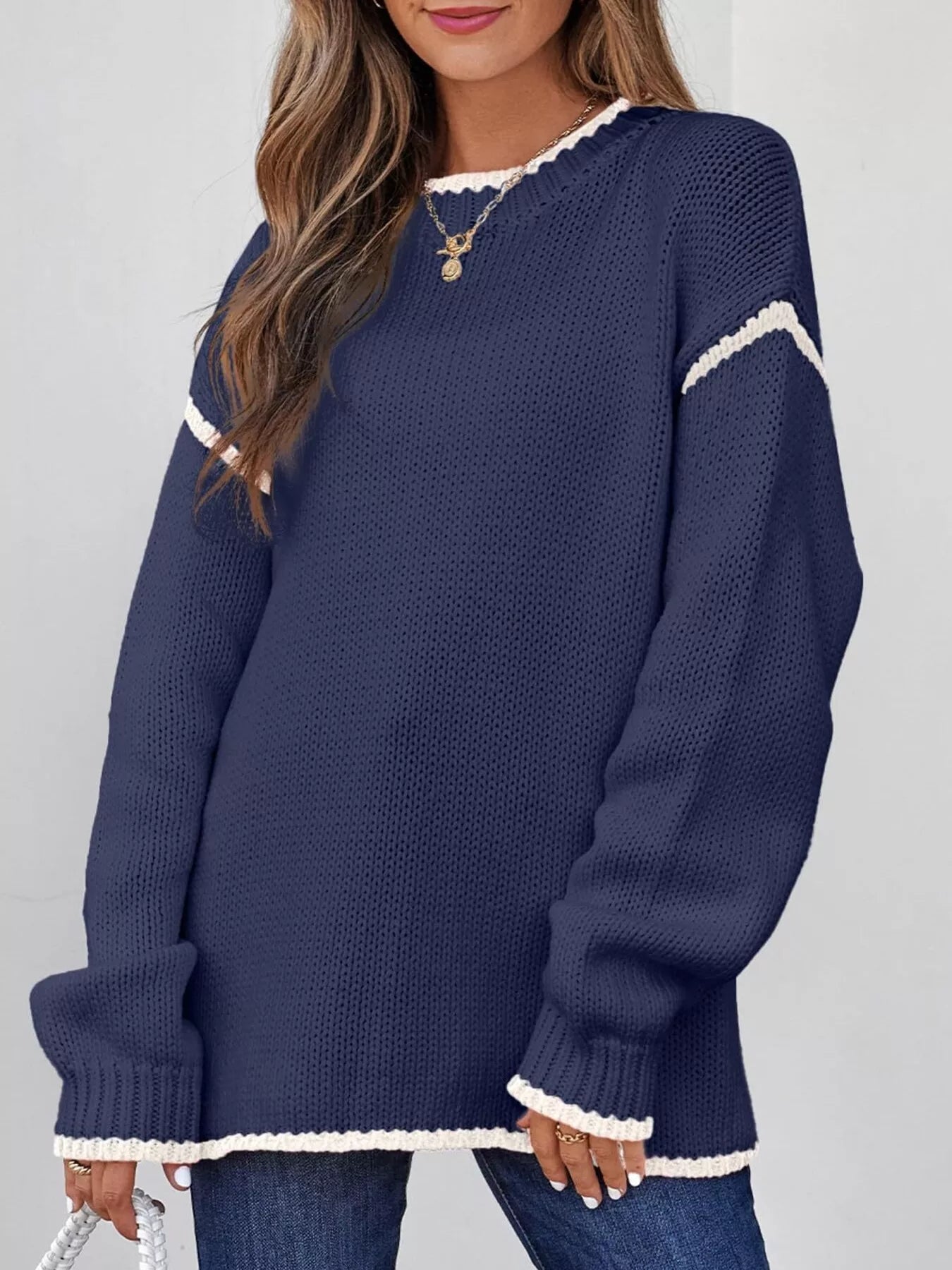 Contrast Trim Long Sleeve Sweater Secondary image