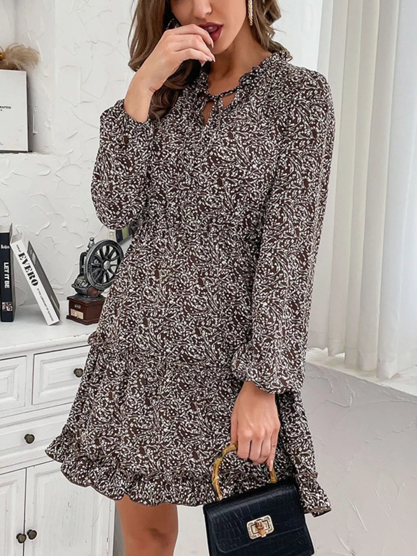 Ruffle Hem Tie Neck Mini Dress Secondary image