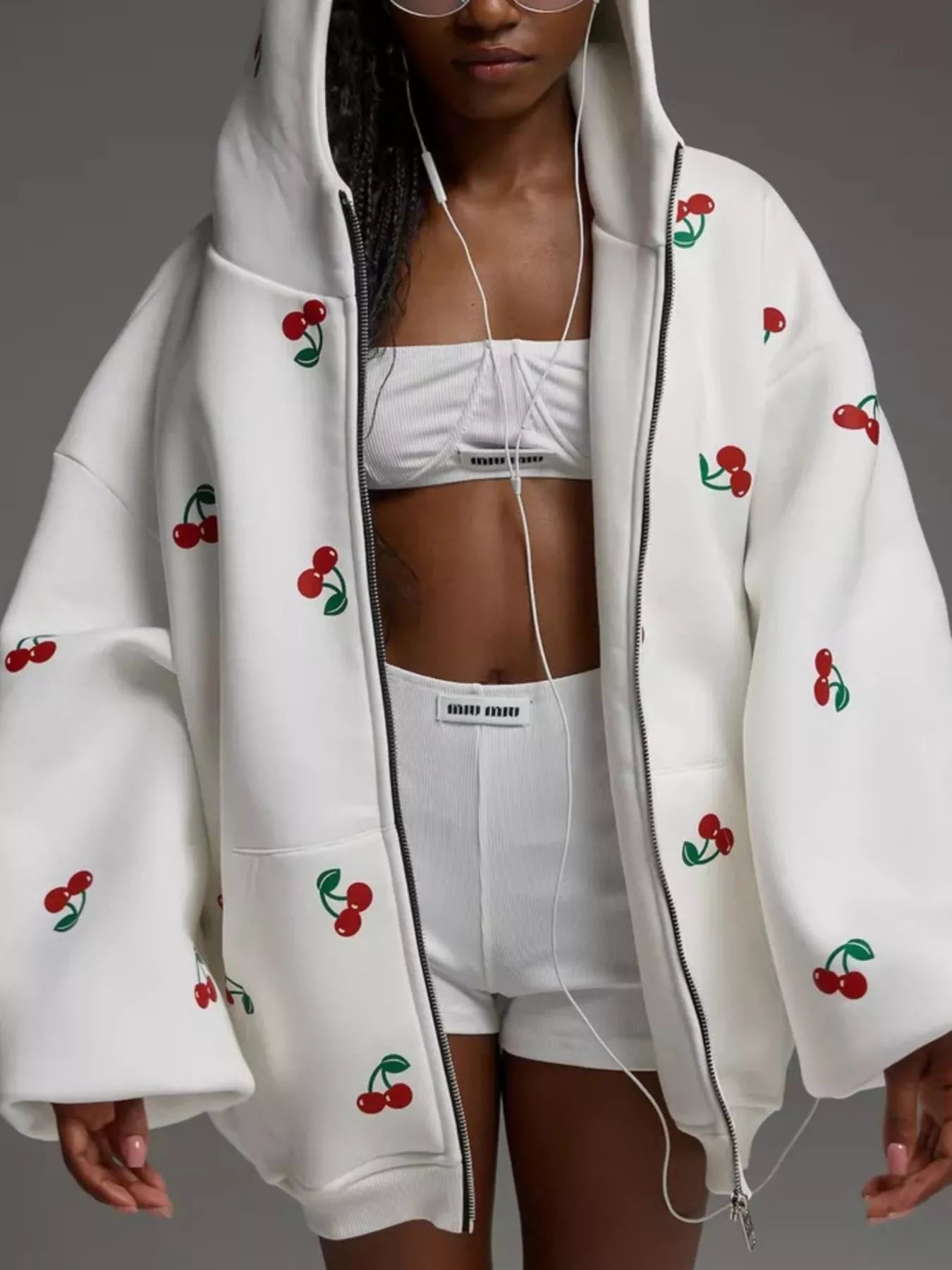 Cherry Print Oversized Zip-Up Hoodie Secondary image